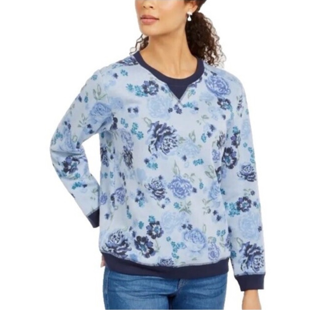 Karen Scott blue floral print pull over sweatshirt size S NWT